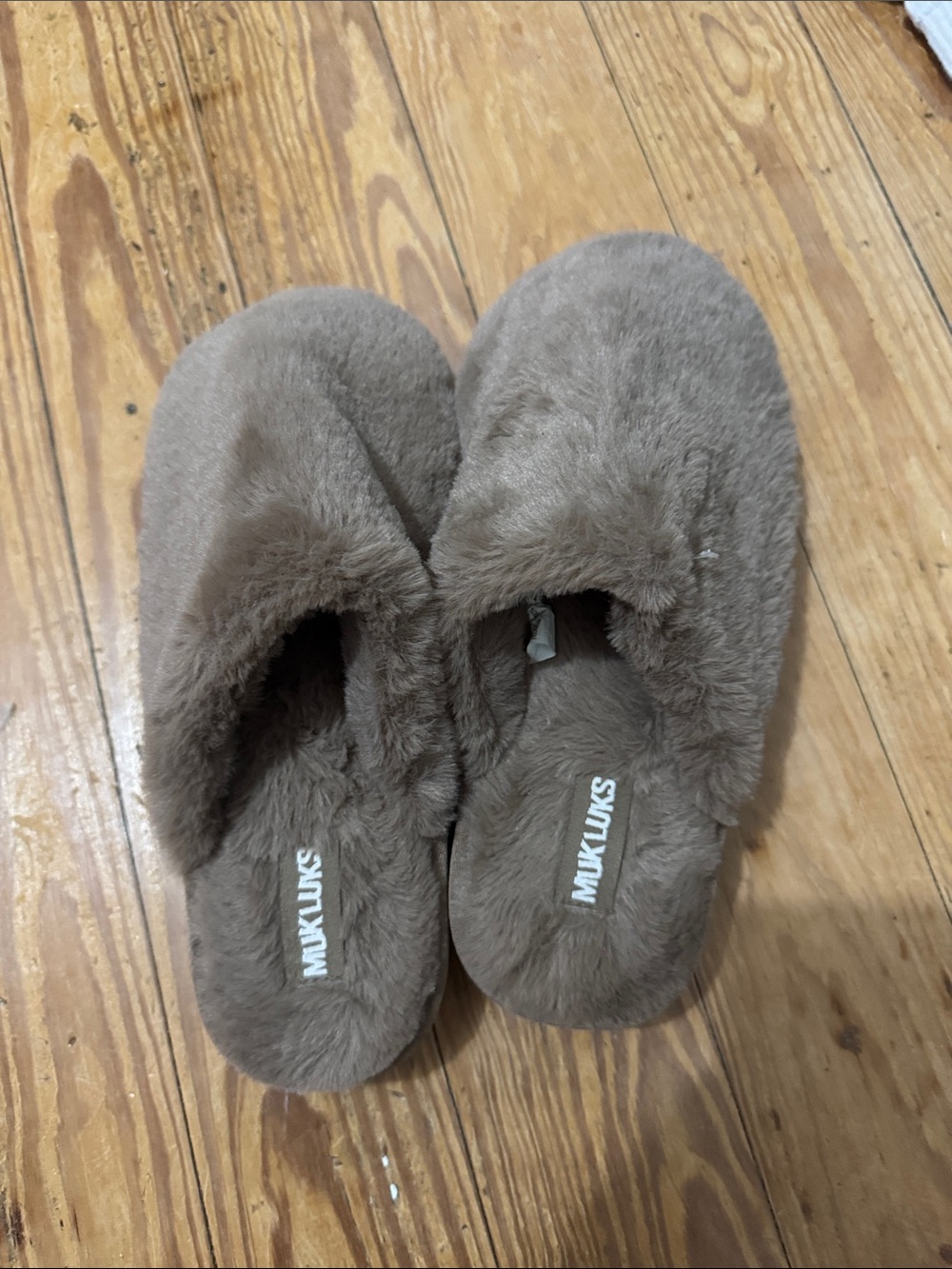 Muk Luks Taupe Fuzzy Slip-On Slippers